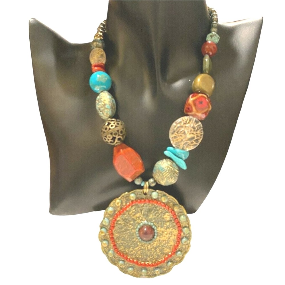 Treska Statement Necklace Multicolor Boho Medallion Beaded OS New